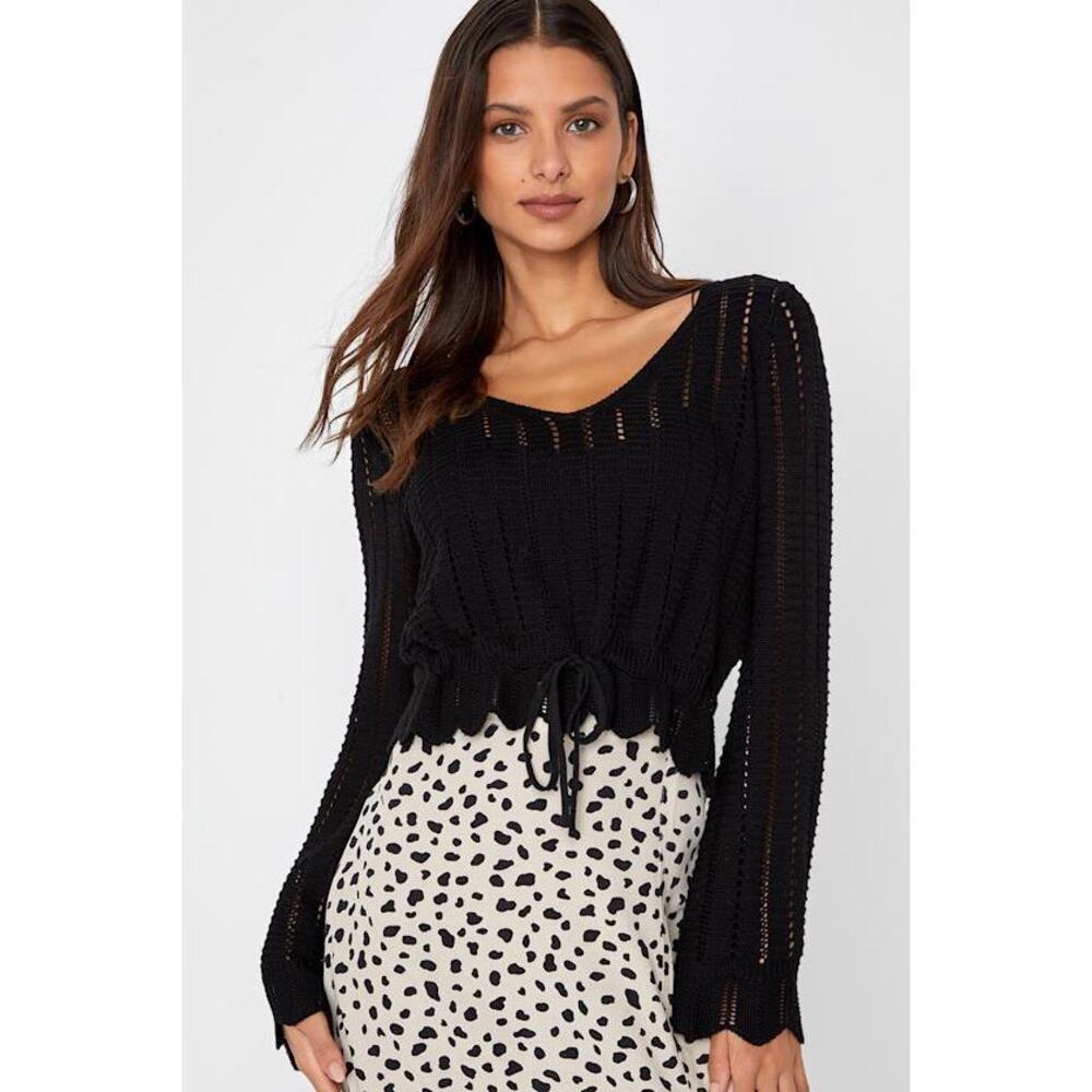 Lulus Casual Concept Black Knit Drawstring Cropped Sweater Top - NWT